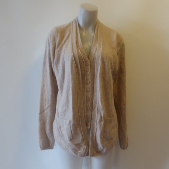 *Womens Sutton Cashmere Beige Cashmere V-Neck Faux Layered Cardigan Sweater L CO - Picture 1 of 13